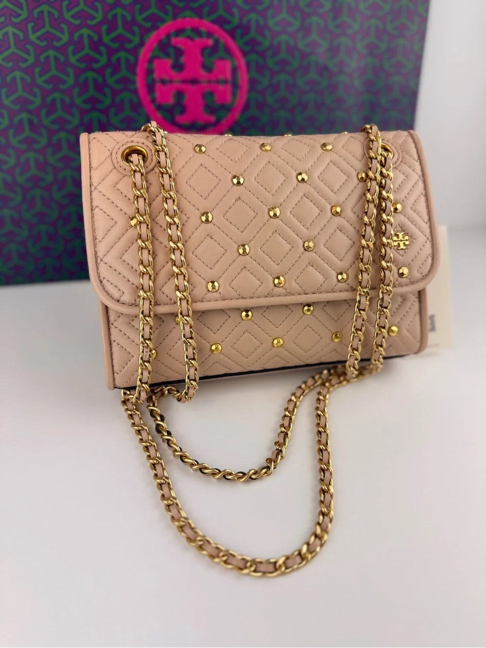 $528 Tory Burch Fleming Stud Small Shoulder Bag Goan Sand Beige Leather 46362